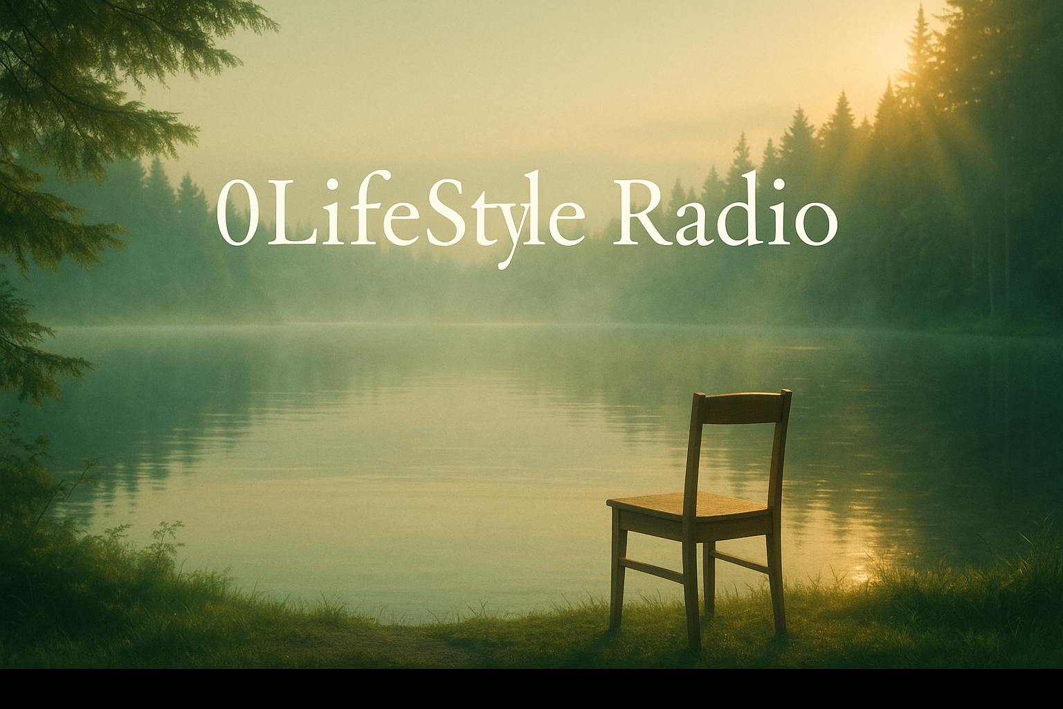 朝靄に包まれた湖畔に一脚の椅子が置かれ、静かな光が差し込む風景。0LifeStyle Radioの世界観を象徴するバナー画像。