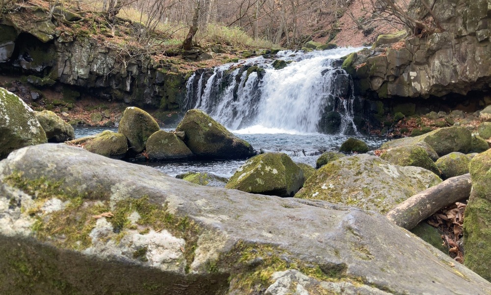 蓼科大滝で、岩の間を流れ落ちる滝を少し距離を取って見た景色。