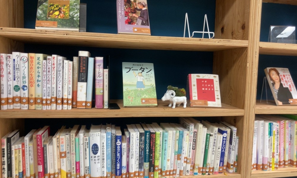 まちライブラリーの棚に並ぶ本と小さな飾りが見える木製本棚の一角