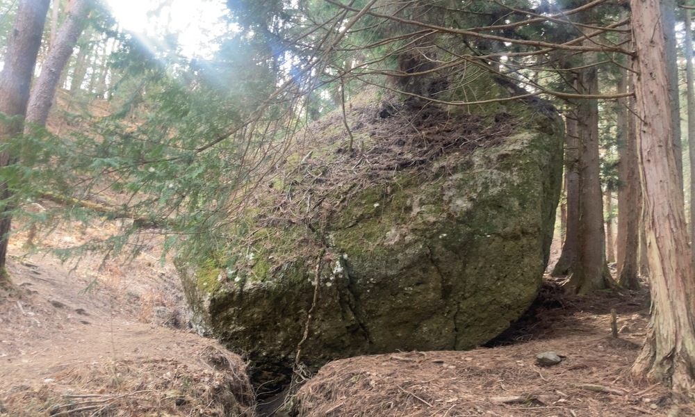 森の中で場のように見える巨岩・小袋石