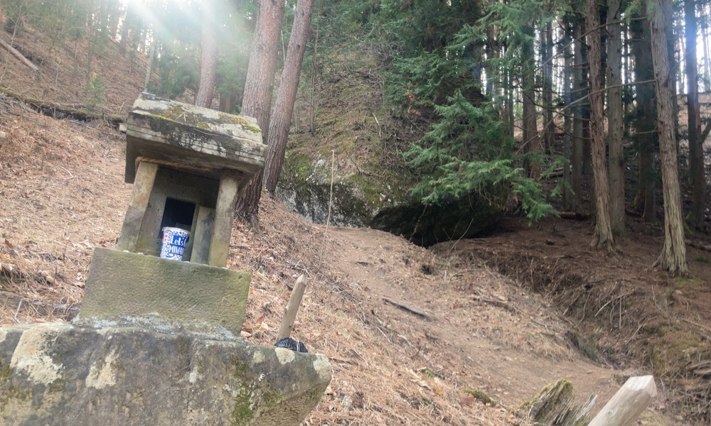 小袋石のそばに置かれた小さな祠と森の斜面