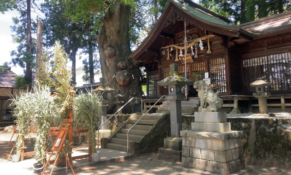茅の輪の先に佇む先宮神社の社殿
