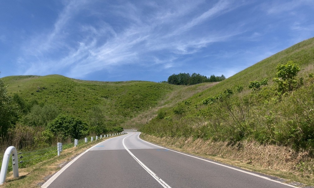 青い空へ吸い込まれるように続くヴィーナスラインの道